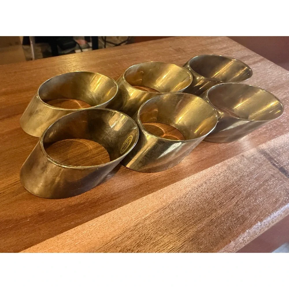 Vintage Brass Napkin Rings Set of 6 Modernist Angled Slanted Design MCM 1980s